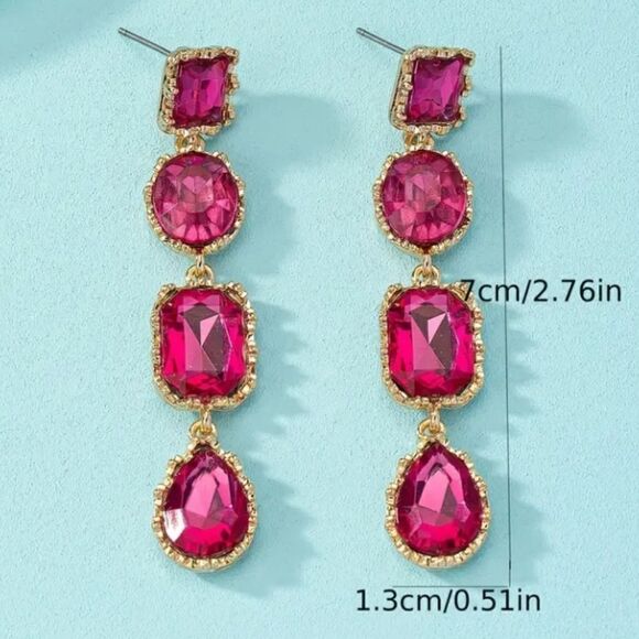 Pink & Gold Rhinestone Dangle Earrings - Picture 2 of 3